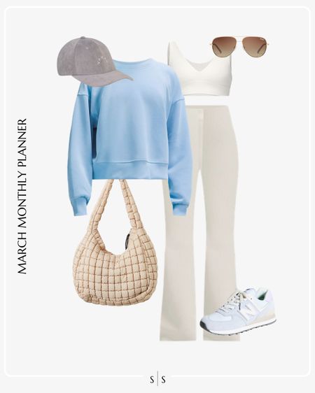 Monthly outfit planner: MARCH: Winter to Spring transitional looks | ribbed flare leggings, sky blue sweatshirt, woven tote, sneakers, sports bra, hat, sunglasses 

Casual style, weekend outfit, Athleisure, activewear 

See the entire calendar on thesarahstories.com ✨ 

#LTKfitness #LTKstyletip