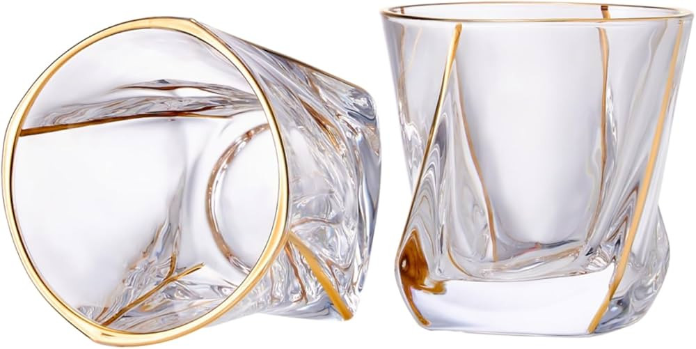 GLASKEY Crystal Whiskey Glasses Set of 2 with 24K Gold Rim,Bar Glasses,Twisted Whiskey Glass Gold... | Amazon (CA)