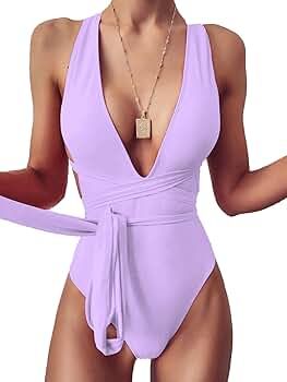 Lilosy Sexy Tie Criss Cross Plunge One Piece Thong Swimsuit High Cut Brazilian Bathing Suit | Amazon (US)