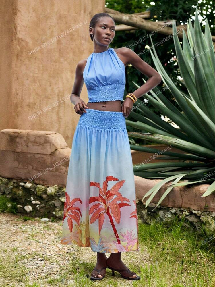 Maija 2pcs/Set Women's Solid Sleeveless Top & Printed A-Line Skirt   Vacation Outfits Woman  Beac... | SHEIN