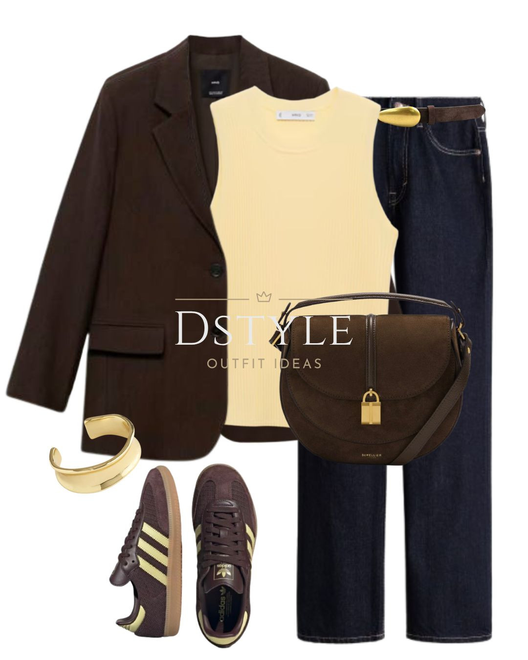 Brown blazer, Mango pastel yellow ribbed knit top, navy blue straight jeans, dark brown belt, dark brown sude bag, brown/powder yellow Adidas Samba  

 

#LTKWorkwear #LTKShoeCrush #LTKItBag