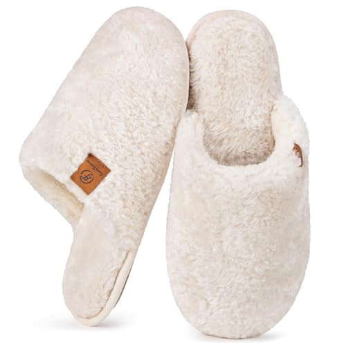 EverFoams Women's Fuzzy Slip-on Slippers Warm Cozy Soft Lightweight Memory Foam Indoor House Shoes Cream White, 7-8 US | Amazon (US)