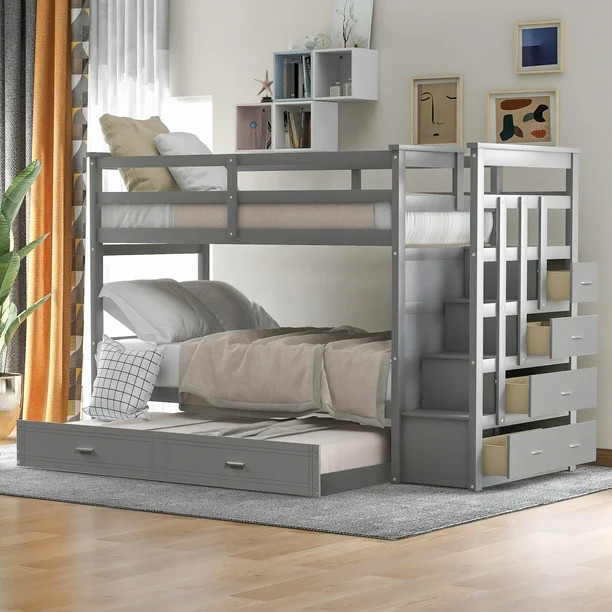 Solid Wood Bunk Bed for Kids, Hardwood Twin Over Twin Bunk Bed with Trundle and Staircase, Natura... | Walmart (US)