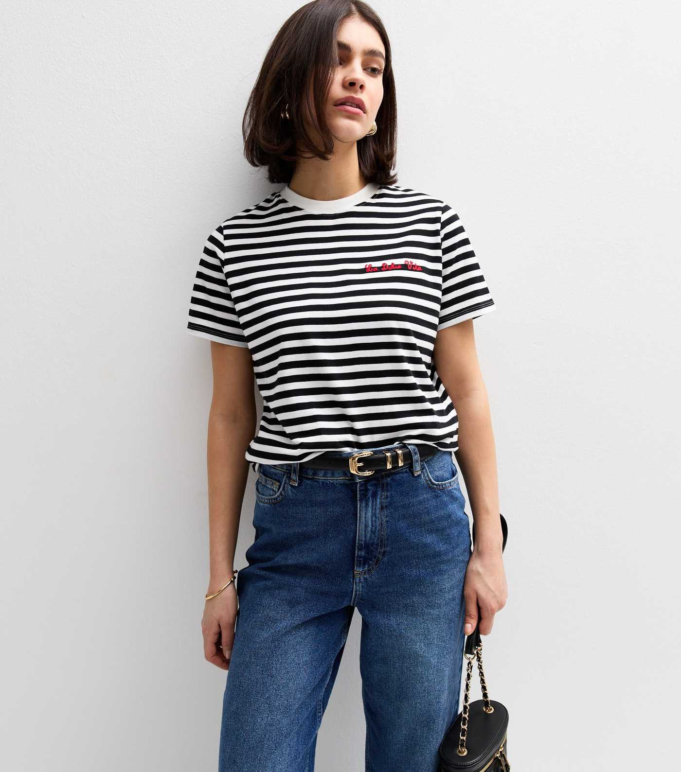 Black Stripe La Dolce Vita Embroidered T-Shirt
						
						Add to Saved Items
						Remove from ... | New Look (UK)