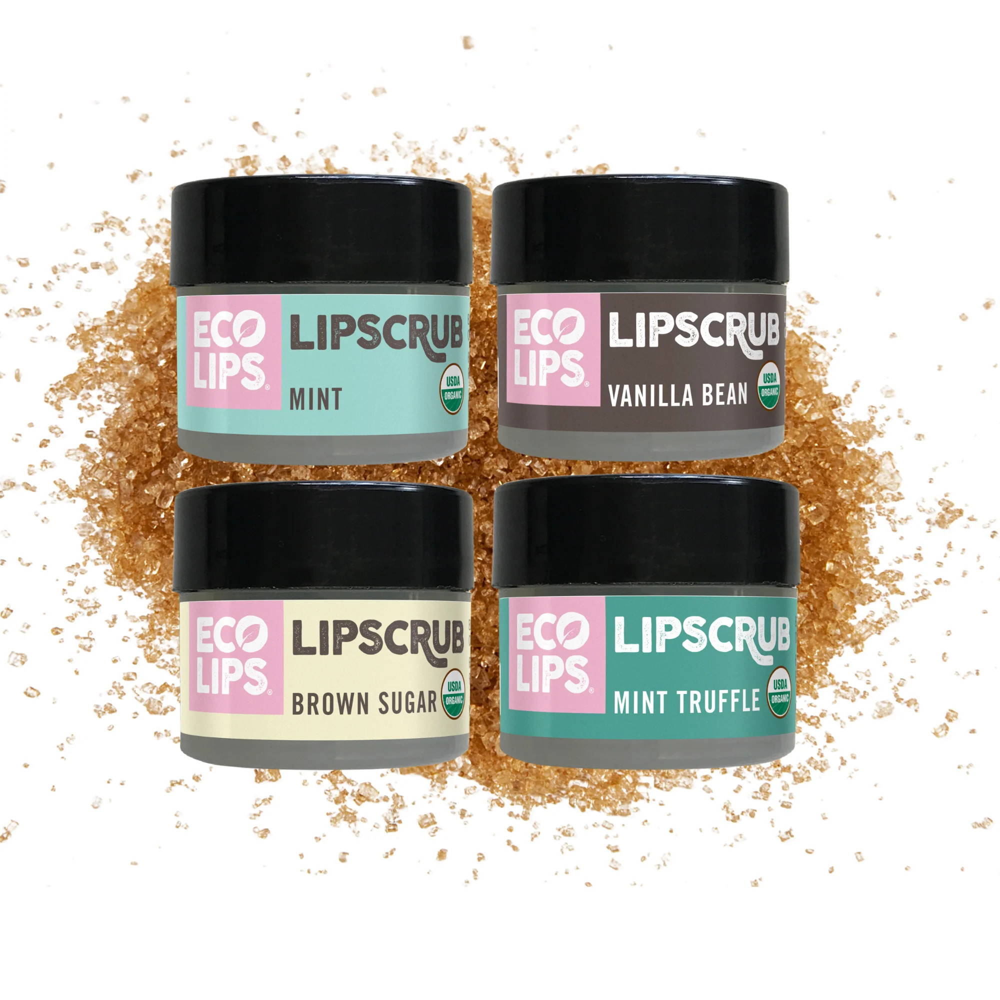 Organic Sugar Lip Scrub, Brown Sugar, Vanilla Bean, Mint, Mint Truffle 4 Pack Variety | Eco Lips