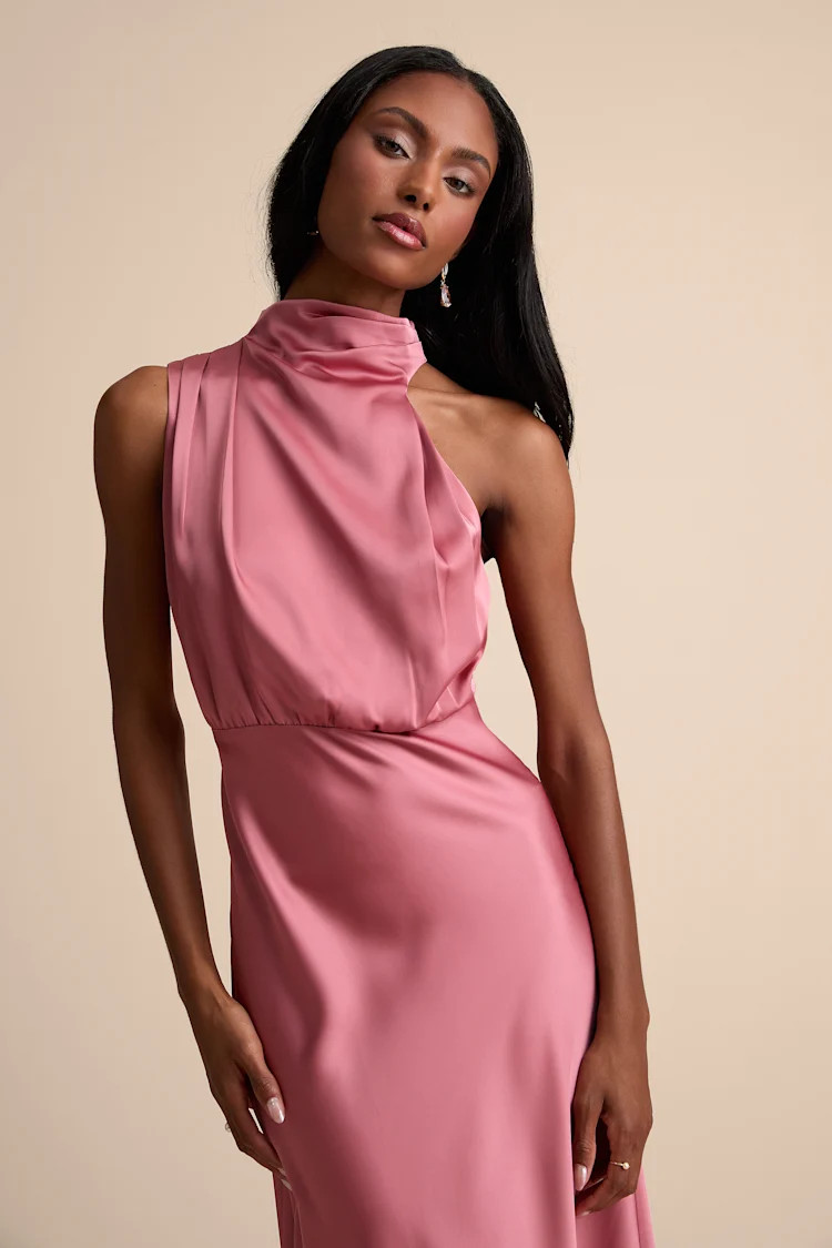 Distinctive Charm Rose Pink Satin Asymmetrical Maxi Dress | Lulus