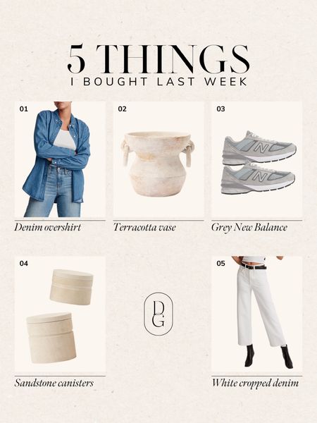 5 things I bought last week 🫶🏼 

+ Loving the denim overshirt trend
+ McGee & Co’s new collection 😍
+ Grey New Balance
+ Sandstone bathroom canisters
+ White cropped jeans

#LTKFind #LTKstyletip #LTKSeasonal