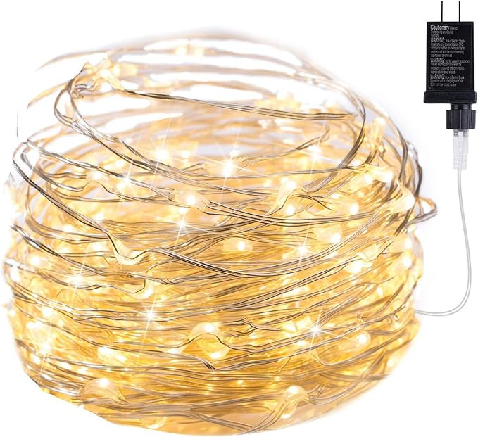 Minetom Fairy Lights Plug in, 33Ft 100 LEDs Waterproof Silver Wire Firefly Lights, Adaptor Includ... | Amazon (US)