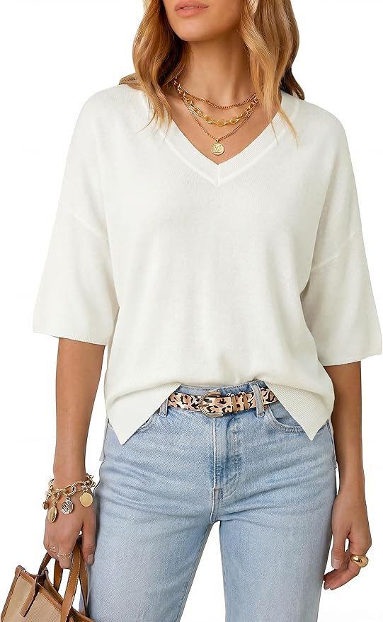 Arach&Cloz Women's Wool Blend Elbow Sleeve Summer Oversized Casual Sweater | Amazon (US)