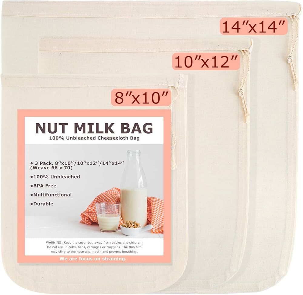 Nut Milk Bags, All Natural Cheesecloth Bags, 8"x10", 10''x12, 14''x14'', 3 Pack, 100% Unbleached ... | Amazon (US)
