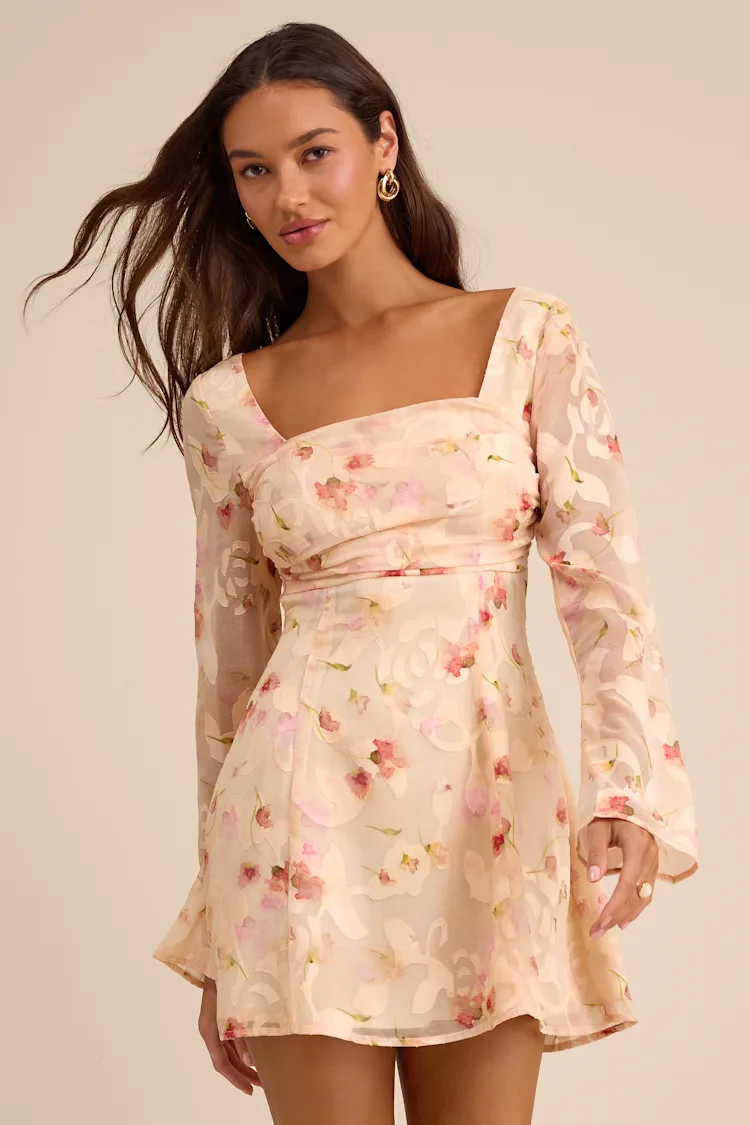 Rieti Cream Floral Burnout Long Sleeve Mini Dress | Lulus