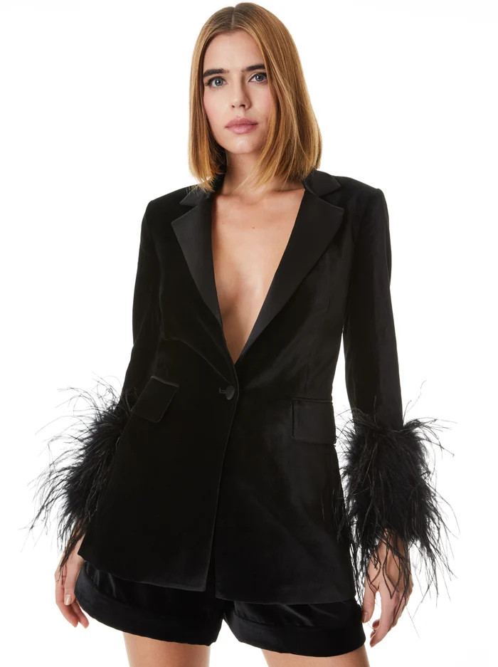 YONA FEATHER SLEEVE VELVET BLAZER | Alice + Olivia