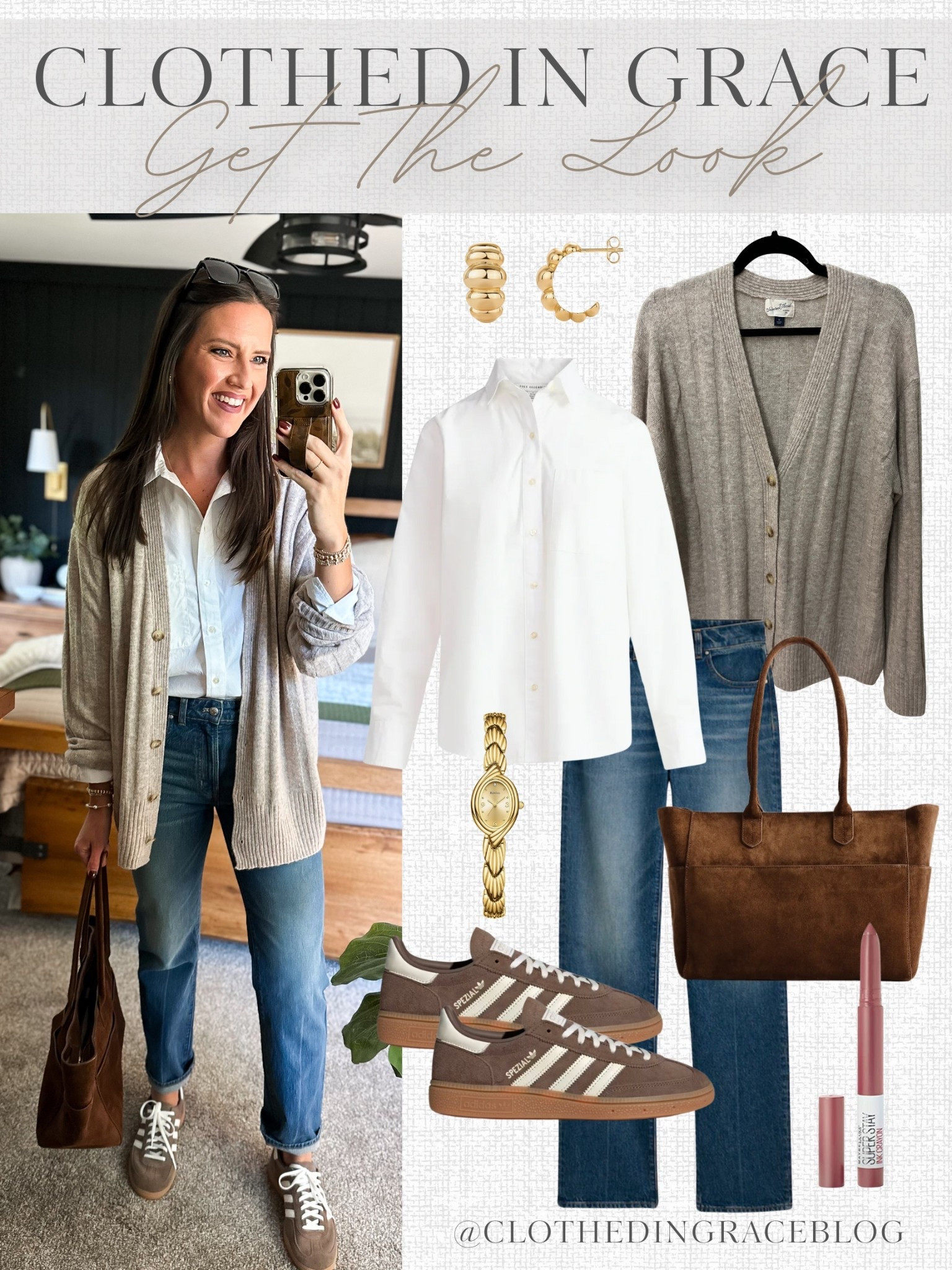 Classy Casual Style 

Cardigan - medium 
Button up - small
Jeans - size down, I’m in a 26 regular 

