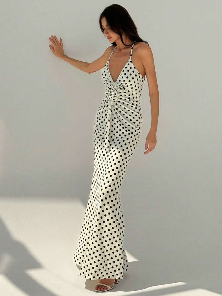 Aloruh Spring/Summer Elegant And Unique Polka Dot Print 3D Floral Decor Sexy Low-Cut Deep V-Neck Sleeveless Backless Mermaid Dress,Pastel Dresses For Women | SHEIN
