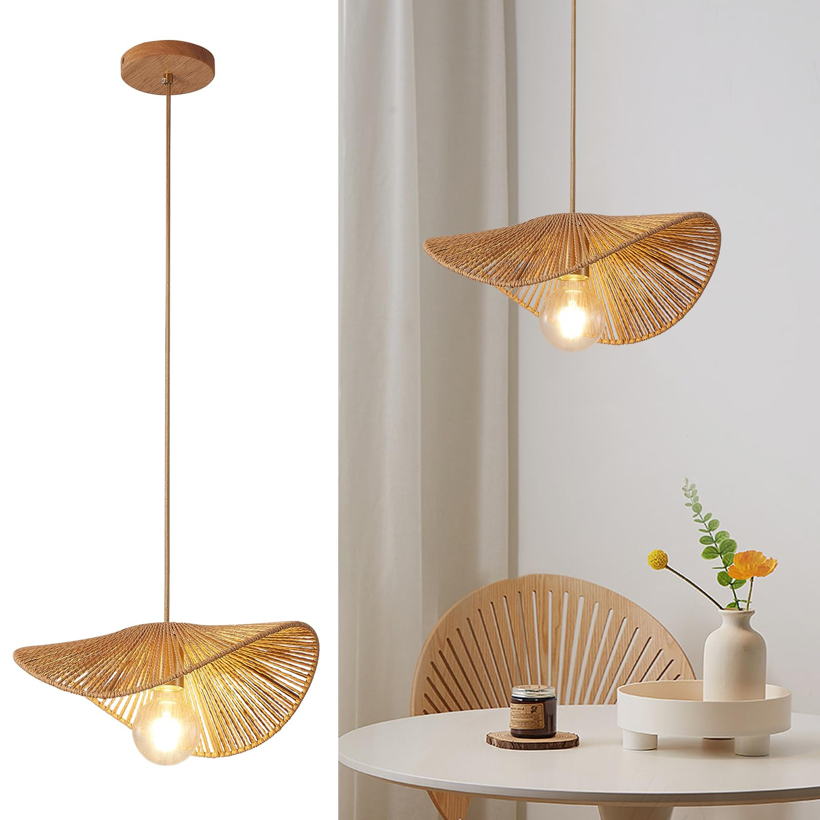 Boho Rattan Pendant Light Fixture Modern Style Hanging Light Bamboo Handwoven 1-Light Hanging Lam... | Amazon (US)