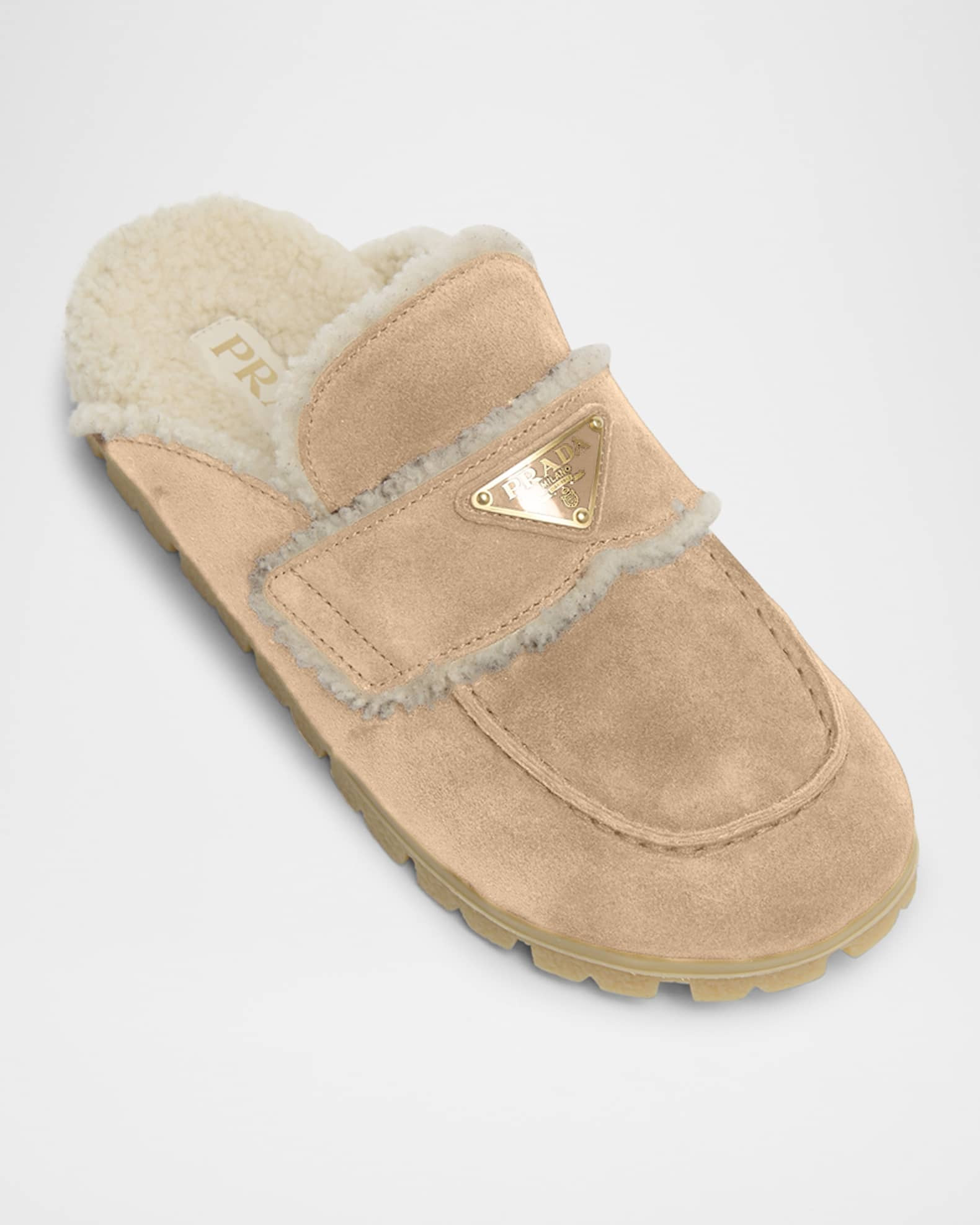 Prada Suede Shearling Cozy Loafer Mules | Neiman Marcus