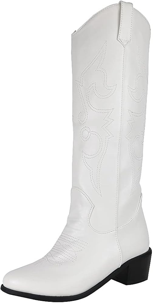 Vimisaoi Cowboy Boots for Women, Fashion Retro Pointed Toe Pull On Wide Calf Long Tall Block Chunky  | Amazon (US)