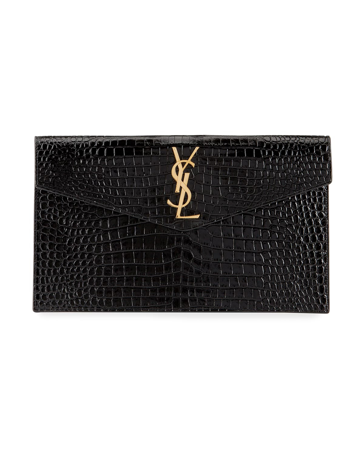 Uptown Medium YSL Monogram Croc-Embossed Clutch Bag | Neiman Marcus