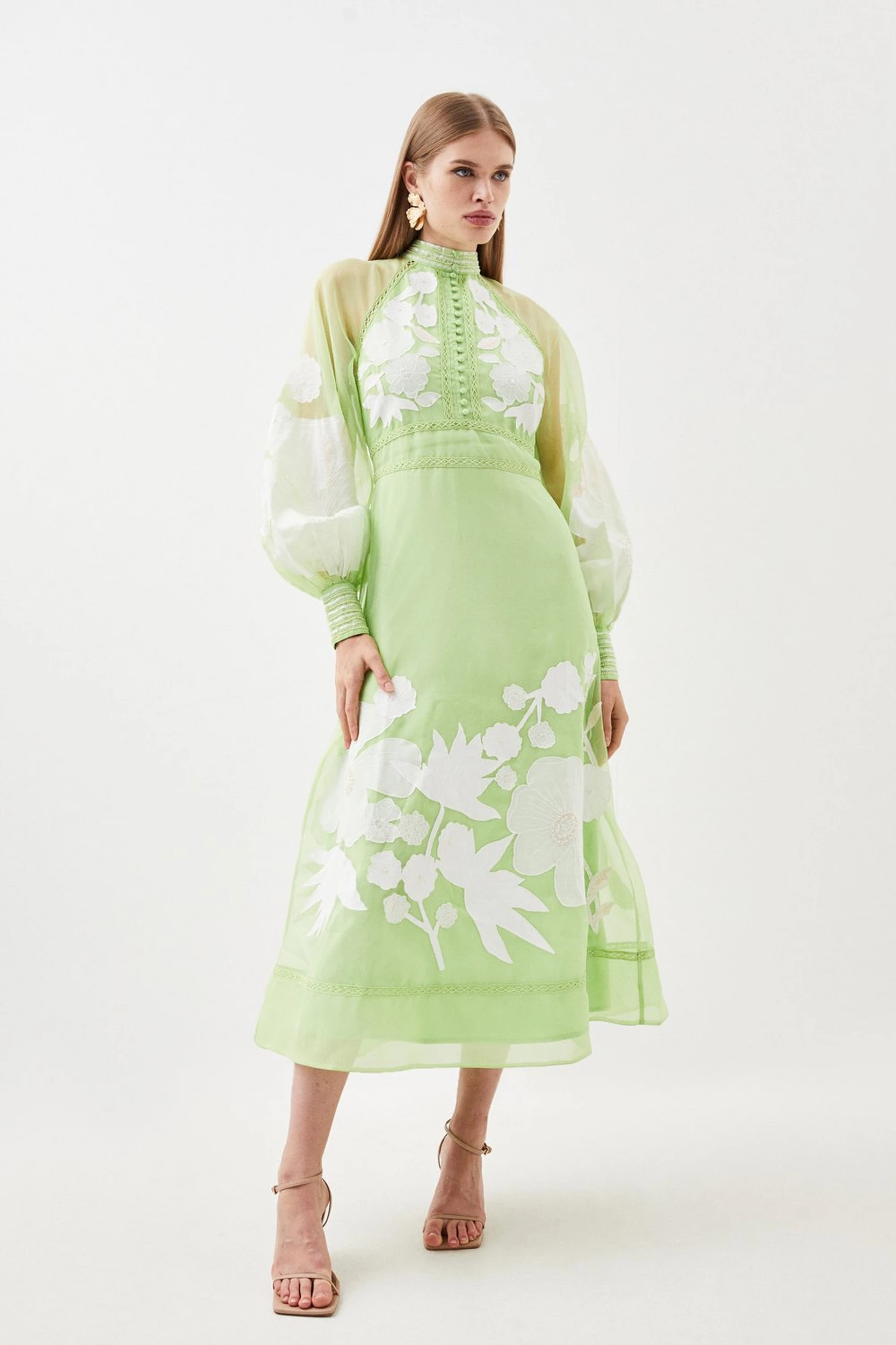 Organdie Applique Buttoned Woven Midi Dress | Karen Millen US