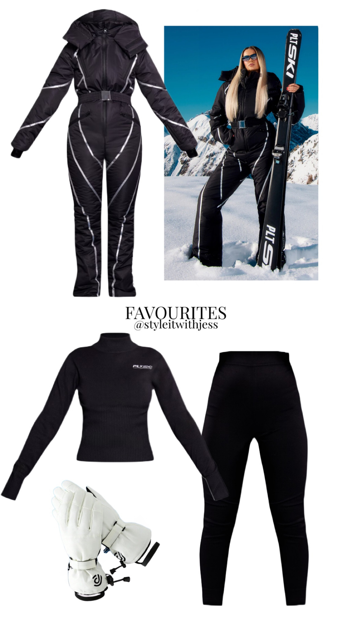 Ski Outfit 🎿❄️ Black Silver Binding Detail Belted Snowsuit, Black Ribbed Ski Knitted Base Layer Leggings, Black Embroided Pull Over Knit Ski Top, Ski Gloves 

#LTKSeasonal #LTKstyletip #LTKtravel