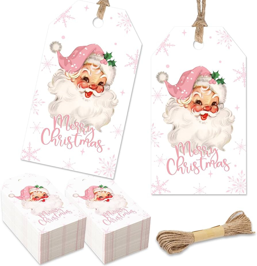 Whaline 100Pcs Merry Christmas Paper Gift Tags Pink Santa Claus Snowflake Blank Hanging Labels wi... | Amazon (US)
