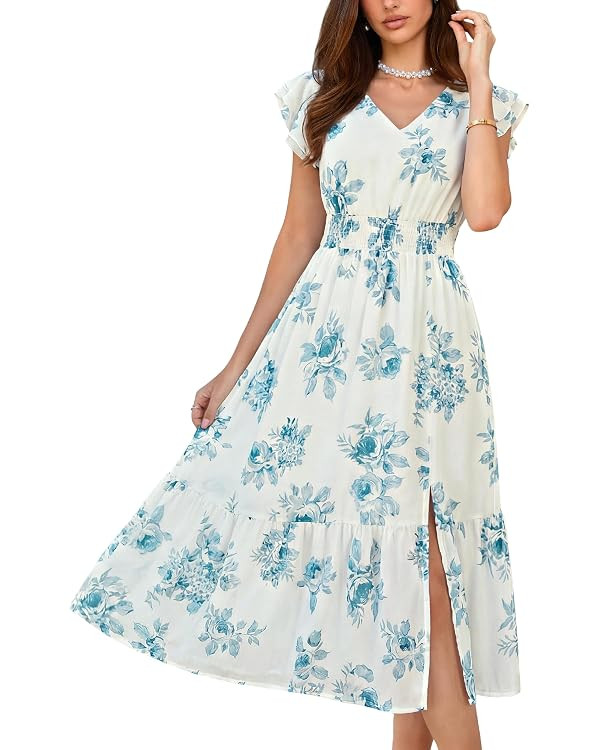 GRACE KARIN 2026 Womens Summer Dresses V Neck Ruffle Sleeve Floral Boho Beach Dress A-Line Swing ... | Amazon (US)