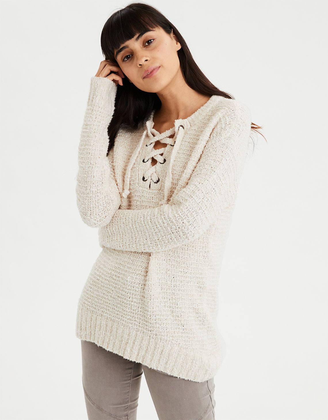 AE Lace Up Pullover, Cream | American Eagle Outfitters (US & CA)