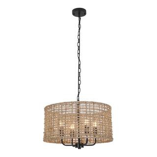 OUKANING 60-Watt 4-Light Brown Rattan Shaded Pendant Light with Hand-Woven Shade, No Bulbs Included | The Home Depot