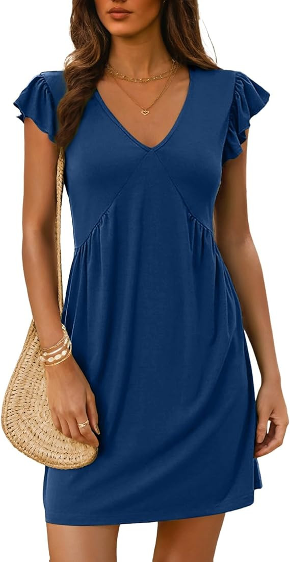 Dokotoo Women's Summer Dresses 2025 Beach Casual Deep V Neck Loose Sundress Ruffle Sleeve Mini Dr... | Amazon (US)