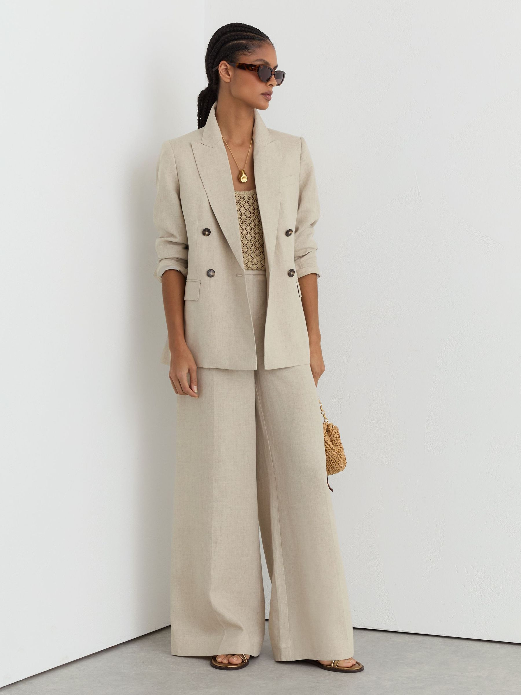 Reiss Linen Double-Breasted Suit Blazer in Neutral | REISS | Reiss US