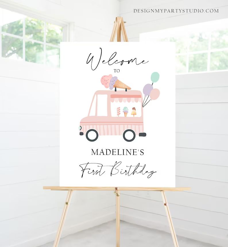 Editable Ice Cream Truck Party Welcome Sign Ice Cream Birthday Welcome Scoop Modern Girl Summer P... | Etsy (US)