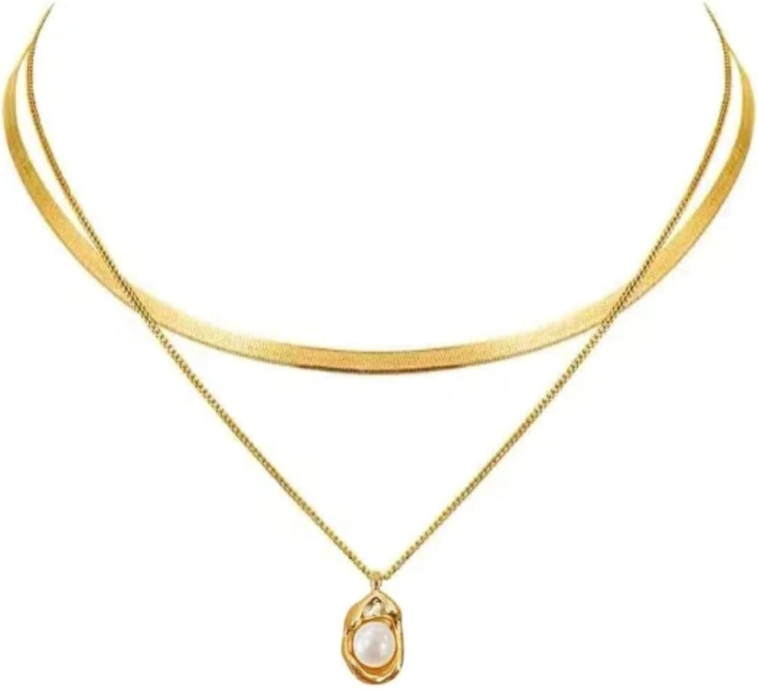 NEKVFO Women's Double Layer Snake Chain Necklace with Pearl Pendant - Elegant Stackable Jewelry S... | Amazon (US)