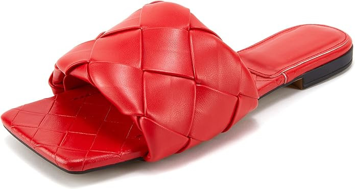 Women's Square Open Toe Woven Leather Single Band Comfort Slides Slid on Flat Sandals | Amazon (US)