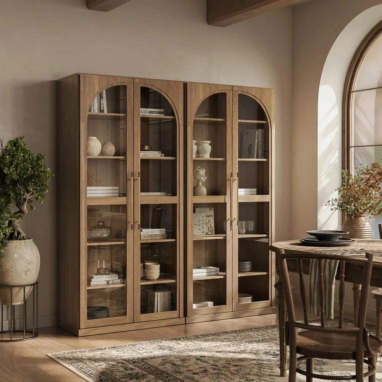 BELLEZE 67" Storage Cabinet Set of 2, 6 Shelf Glass Bookshelf Display Cabinet, Modern Wood Wine C... | Walmart (US)
