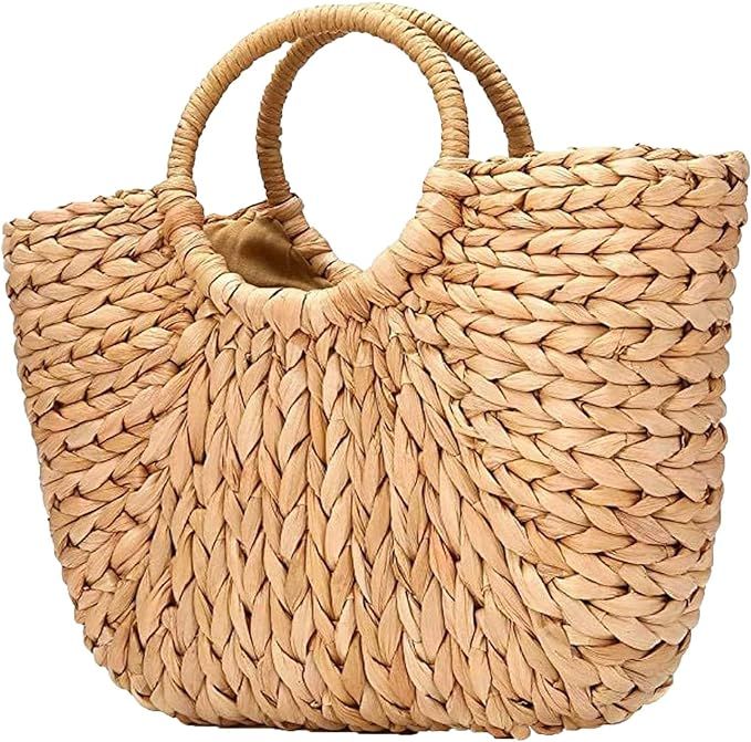 QIQIZAI Women's Beach Tote Handbag Straw Basket Bohemia Travel Bag Vintage Lightweight Semi-Circu... | Amazon (US)