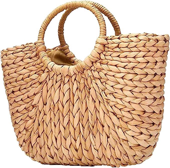 QIQIZAI Women's Beach Tote Handbag Straw Basket Bohemia Travel Bag Vintage Lightweight Semi-Circu... | Amazon (US)