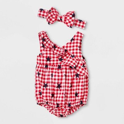 Baby Girls' Gingham Star Print Ruffle Romper with Headband - Cat & Jack™ Red | Target