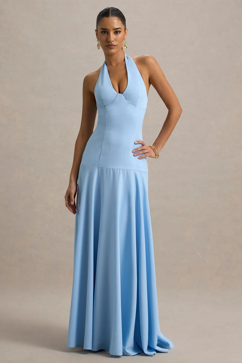 Ginevra | Powder Blue Halter-Neck Slip Maxi Dress | Club L London