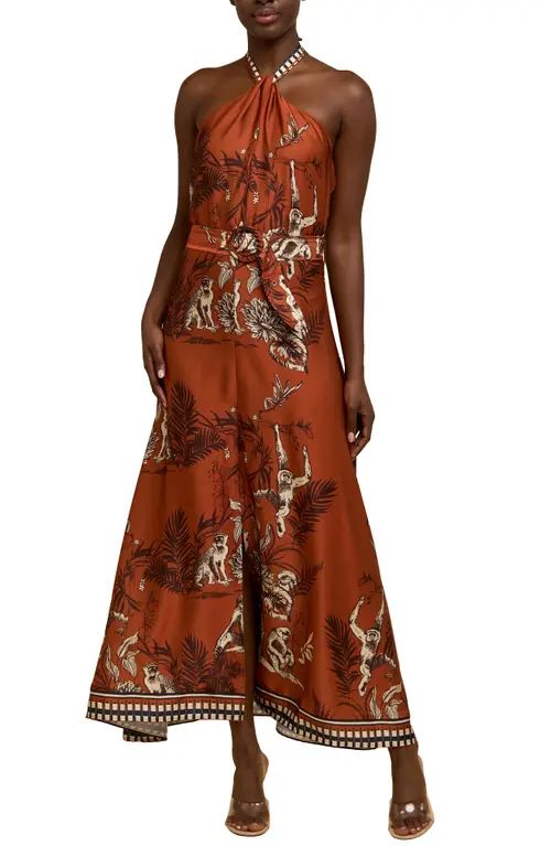 CIEBON Courtney Animal Print Halter Neck Satin Maxi Dress in Amber at Nordstrom, Size X-Large | Nordstrom