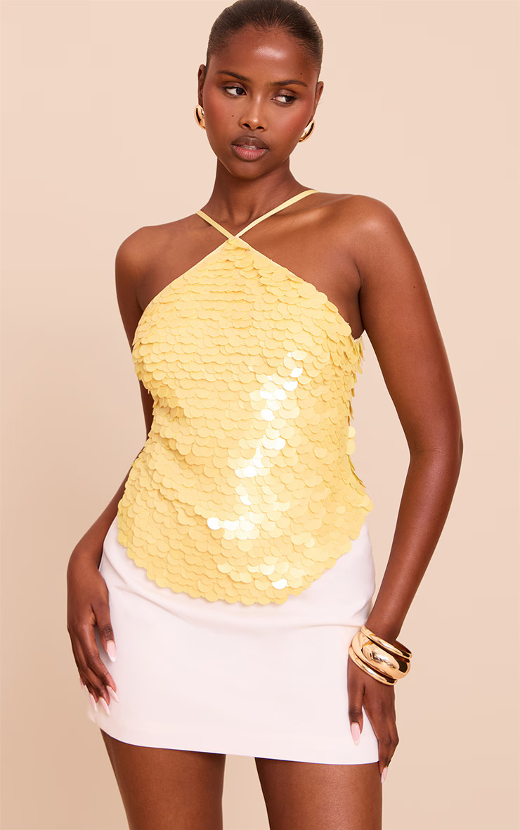 Lemon Premium Large Shell Sequin Halterneck Top | Tops | PrettyLittleThing UK