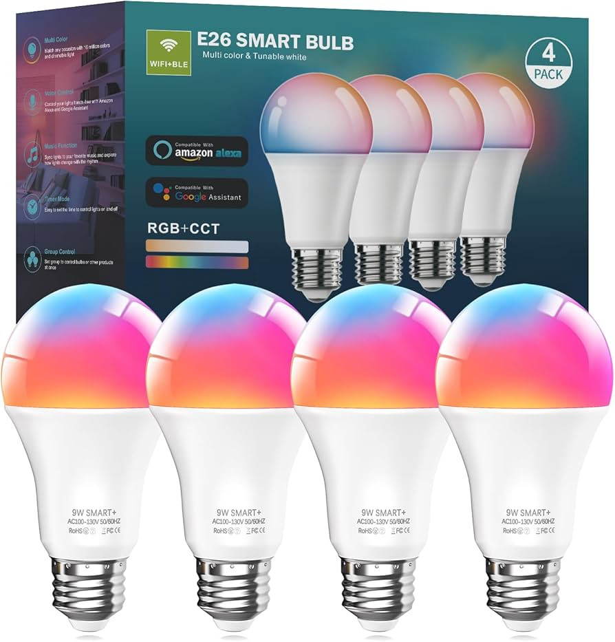 Luckystyle Smart LED Light Bulbs 4 Pack, 9W A19 WiFi Bluetooth Music Sync Color Changing RGBWW Li... | Amazon (CA)