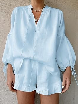 Womens Ruffle Pajama Sets 2 Piece Long Sleeve Button Down Shirt and Shorts Set Cozy Cotton Lounge... | Amazon (US)