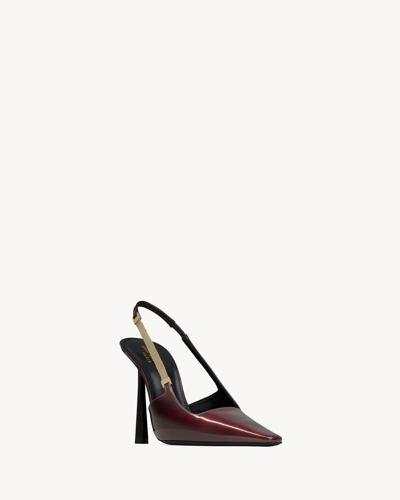 slingback pumps with a pointed toe and stiletto heel, featuring a low square-cut vamp and elastic... | Saint Laurent Inc. (Global)