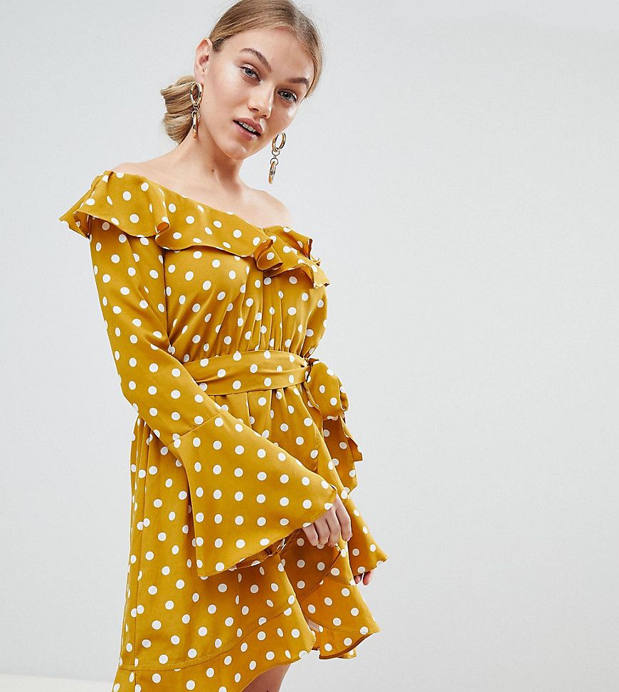 Boohoo Petite Bardot Polka Dot Skater Dress - Yellow | ASOS US