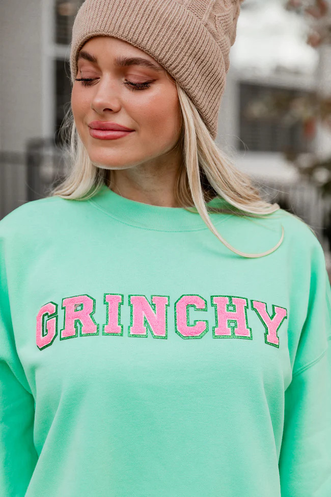 Grinchy Chenille Patch Lime Oversized Graphic Sweatshirt | Pink Lily