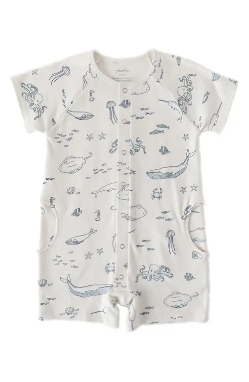 Pehr Print Short Sleeve Organic Cotton Romper in Life Aquatic at Nordstrom, Size 0-3M | Nordstrom