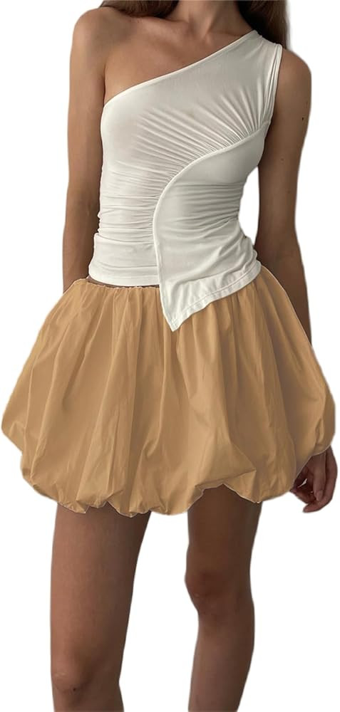 Women Bubble Skirt Y2k Ruffle Hem Mini Puffy Balloon Skirts Fairy Cute Streetwear | Amazon (US)