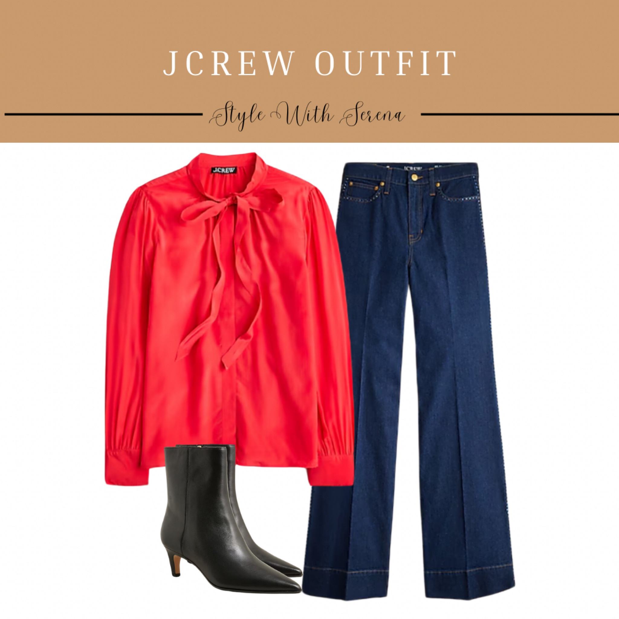Jcrew outfit, Jcrew fashion, red blouse, jeans, denim, booties, bow blouse 

#LTKHoliday #LTKStyleTip #LTKOver40