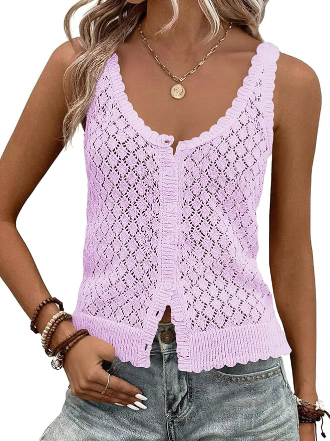 Fisoew Womens Sweater Tank Tops Summer Sleeveless Crochet Cardigan Button Down Boho Knit Going Ou... | Amazon (US)