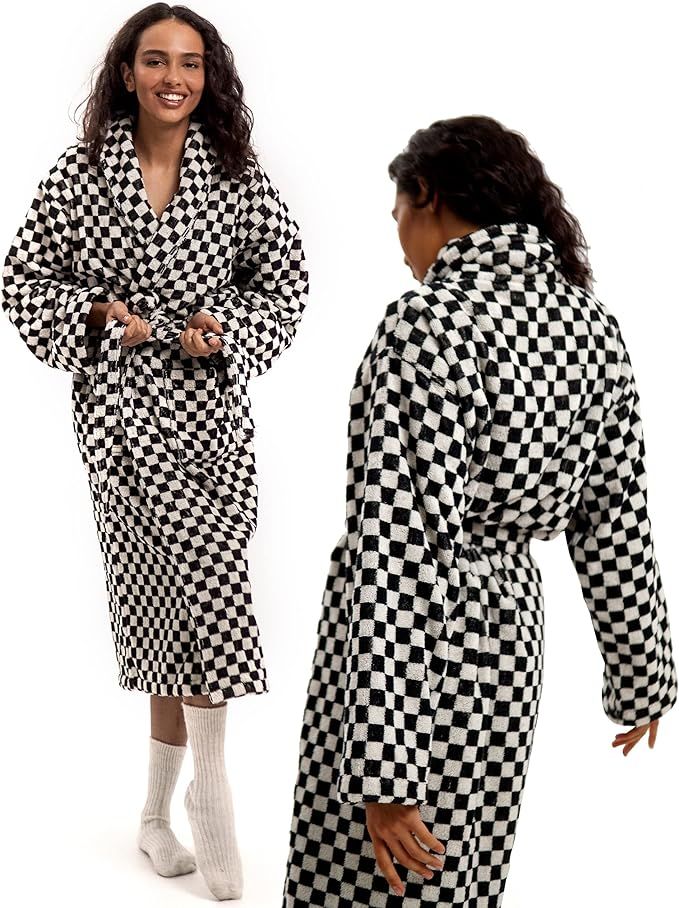 SMPL objects Bathrobe for Women - Terry Cloth Robe for Women and Men - 100% Cotton Checkered Bath... | Amazon (US)